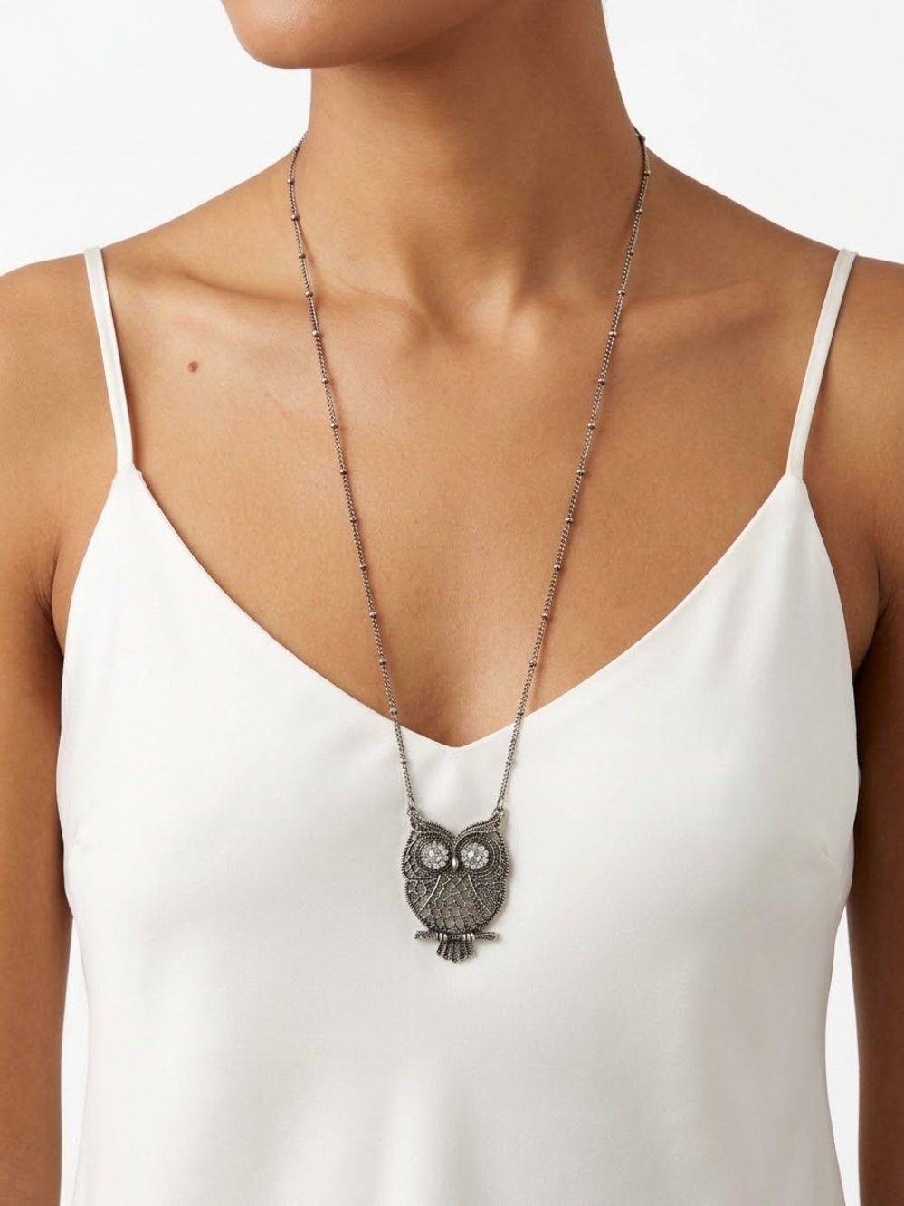 Owl Pendant Long Necklace - Silver